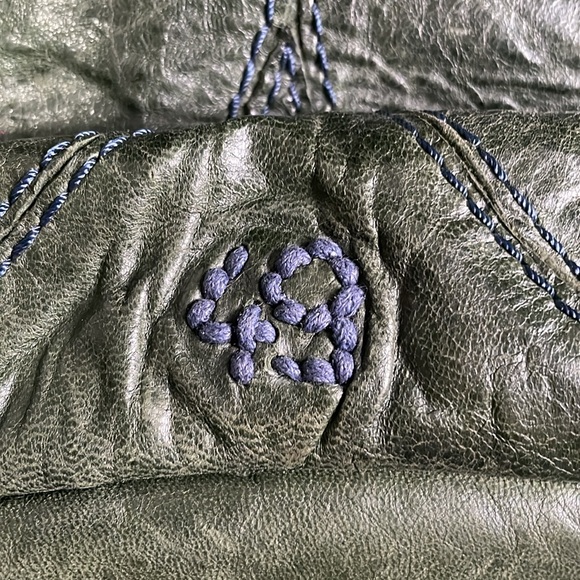 49 Square Miles Leather Hobo bag in green with purple stitching. - Picture 4 of 10